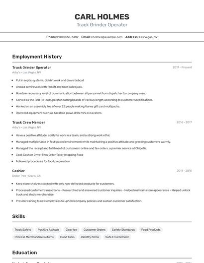 Track Grinder Operator Resume
