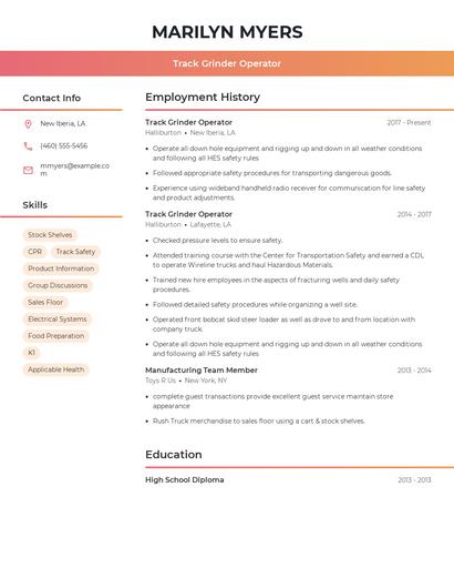 Track Grinder Operator Resume