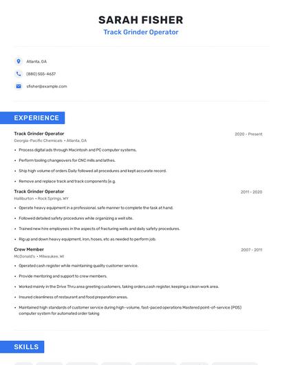 Track Grinder Operator Resume