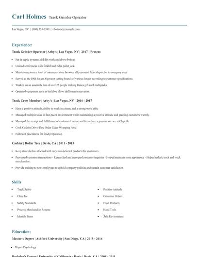 Track Grinder Operator Resume