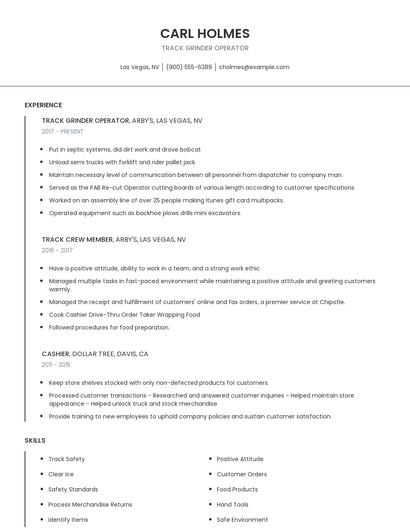 Track Grinder Operator Resume