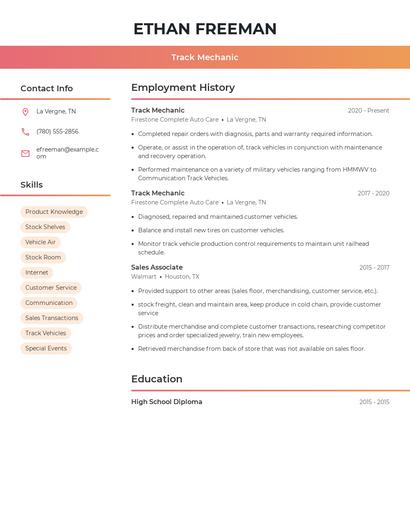Track Mechanic Resume