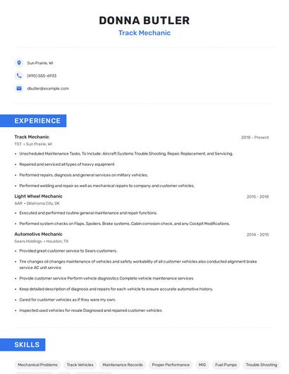 Track Mechanic Resume