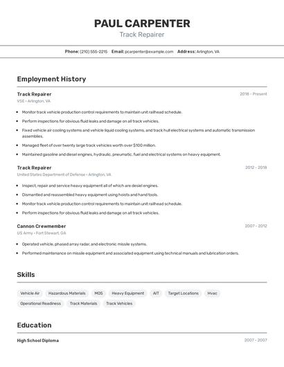 Track Repairer Resume