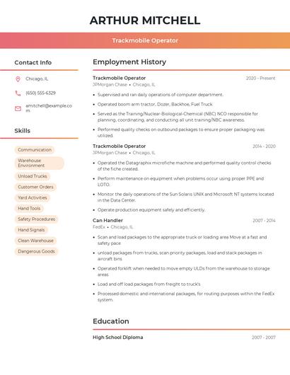 Trackmobile Operator Resume