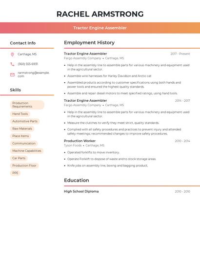 Tractor Engine Assembler Resume