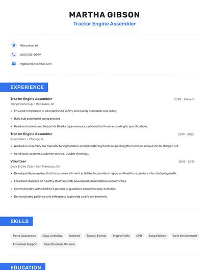 Tractor Engine Assembler Resume