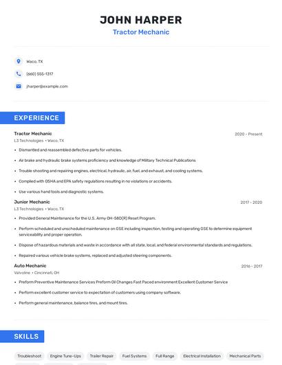 Tractor Mechanic Resume