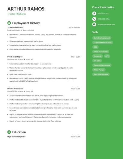Tractor Mechanic Resume