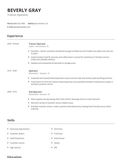 Tractor Operator Resume
