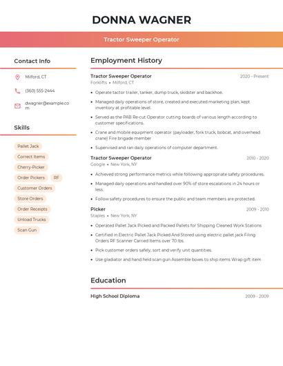 Tractor Sweeper Operator Resume