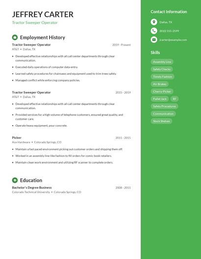 Tractor Sweeper Operator Resume