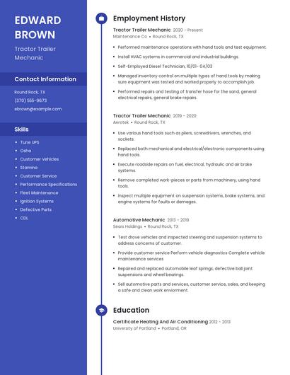 Tractor Trailer Mechanic Resume