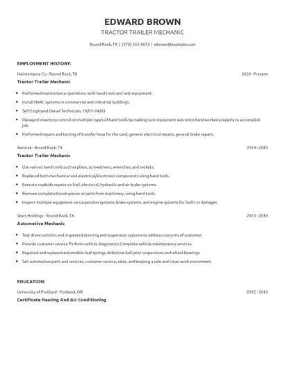 Tractor Trailer Mechanic Resume