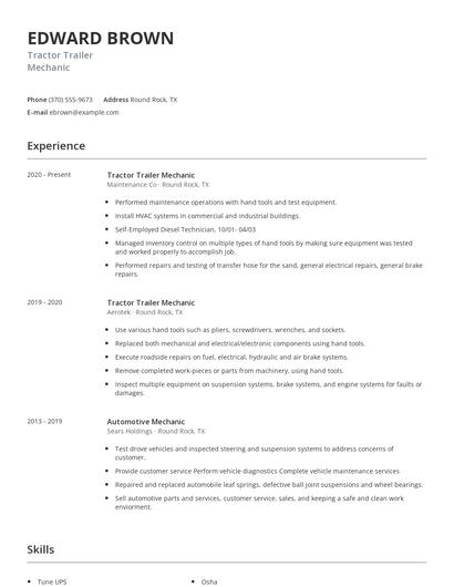 Tractor Trailer Mechanic Resume