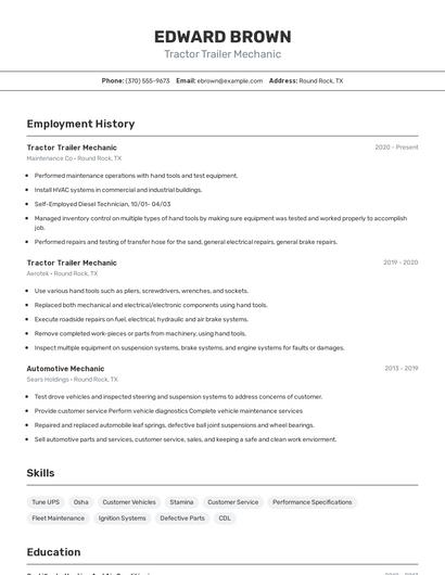 Tractor Trailer Mechanic Resume