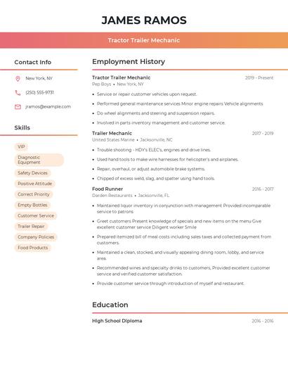 Tractor Trailer Mechanic Resume