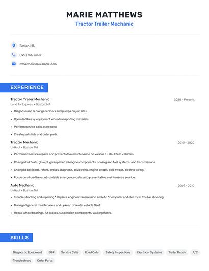 Tractor Trailer Mechanic Resume