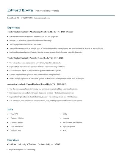 Tractor Trailer Mechanic Resume