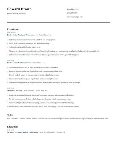 Tractor Trailer Mechanic Resume