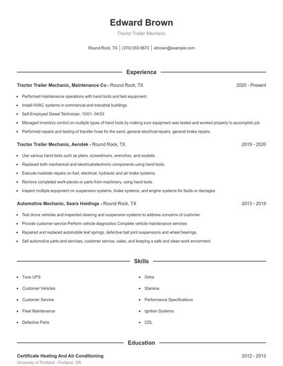 Tractor Trailer Mechanic Resume