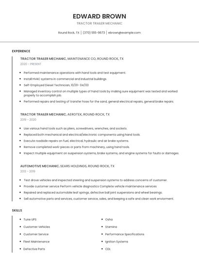 Tractor Trailer Mechanic Resume