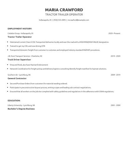 Tractor Trailer Operator Resume