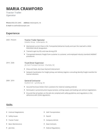 Tractor Trailer Operator Resume