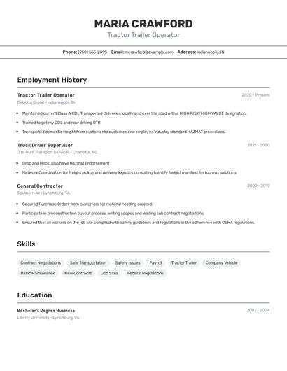 Tractor Trailer Operator Resume