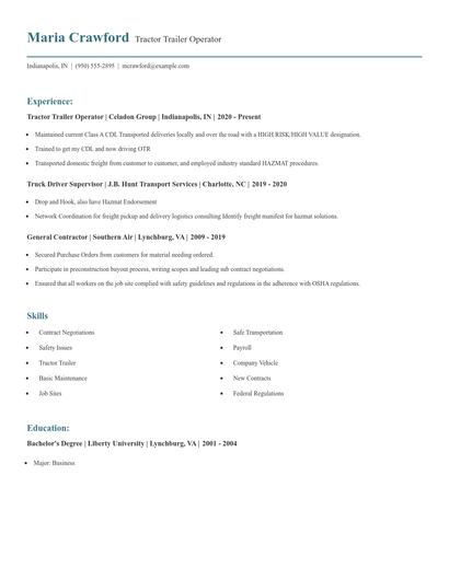 Tractor Trailer Operator Resume