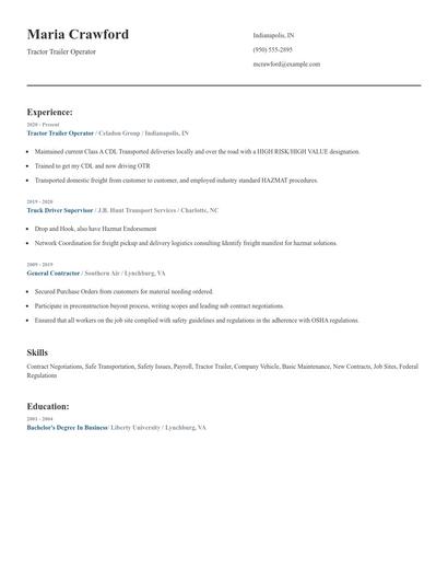 Tractor Trailer Operator Resume
