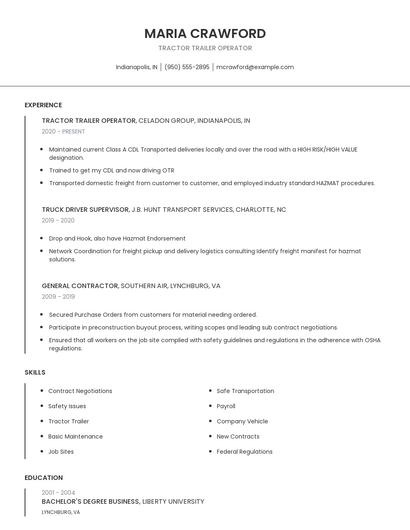 Tractor Trailer Operator Resume