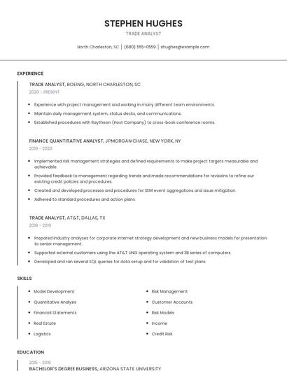 Trade Analyst Resume