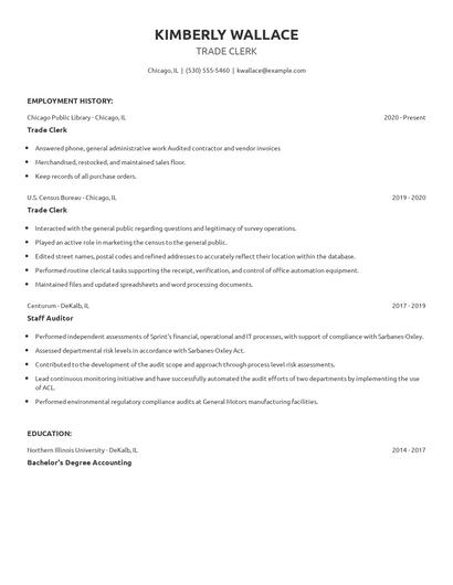 Trade Clerk Resume