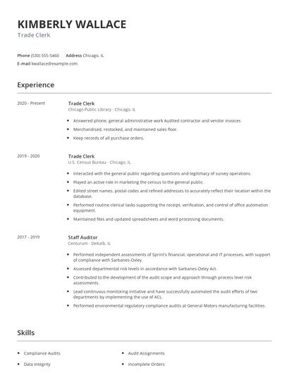 Trade Clerk Resume