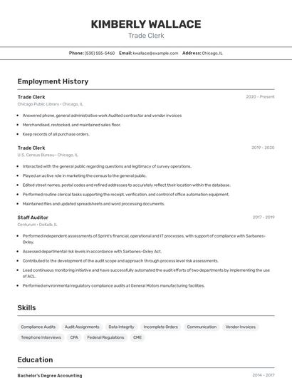 Trade Clerk Resume