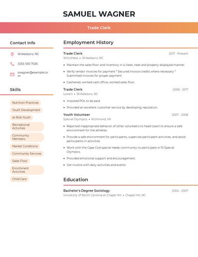 Trade Clerk Resume