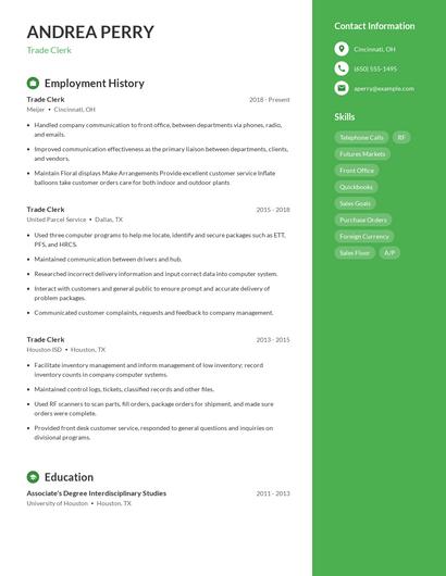 Trade Clerk Resume
