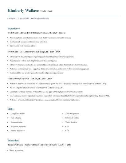 Trade Clerk Resume