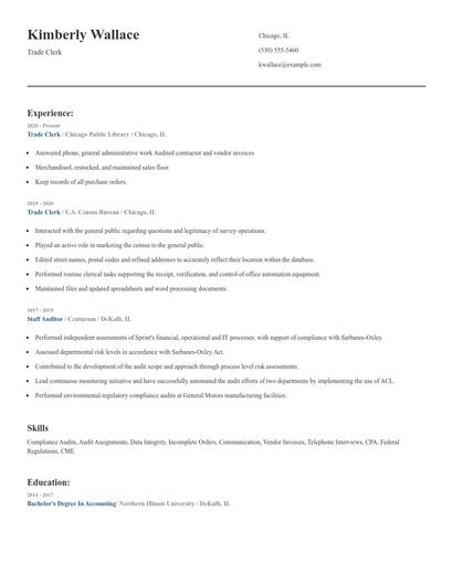 Trade Clerk Resume