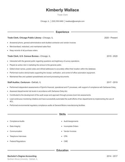 Trade Clerk Resume