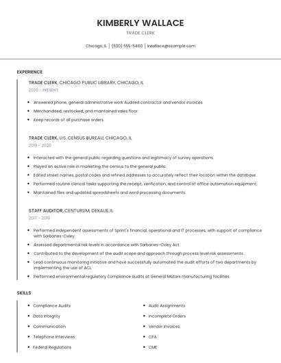 Trade Clerk Resume