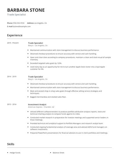 Trade Specialist Resume