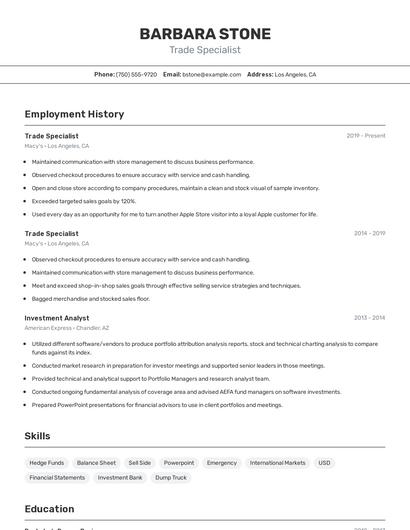 Trade Specialist Resume