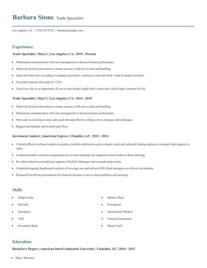 Trade Specialist Resume