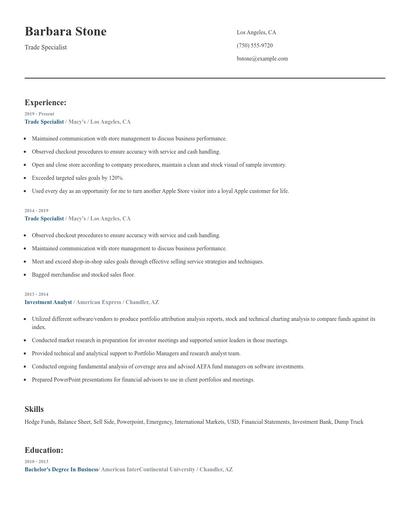 Trade Specialist Resume