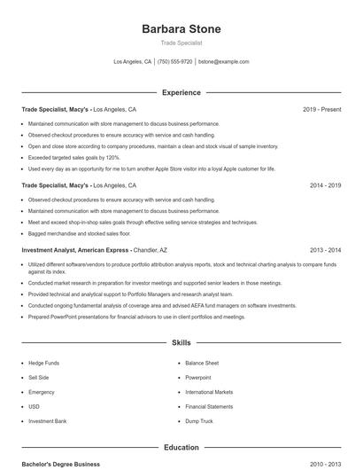 Trade Specialist Resume