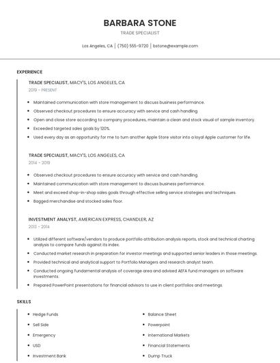 Trade Specialist Resume