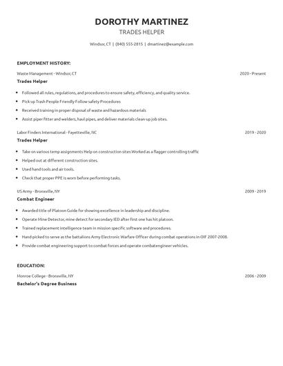 Trades Helper Resume