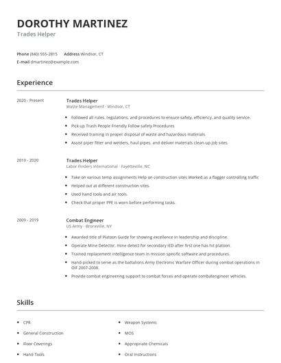 Trades Helper Resume